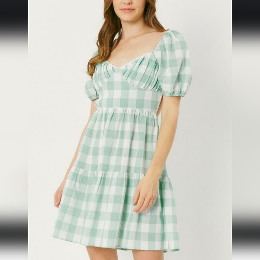 Green gingham print mini dress
